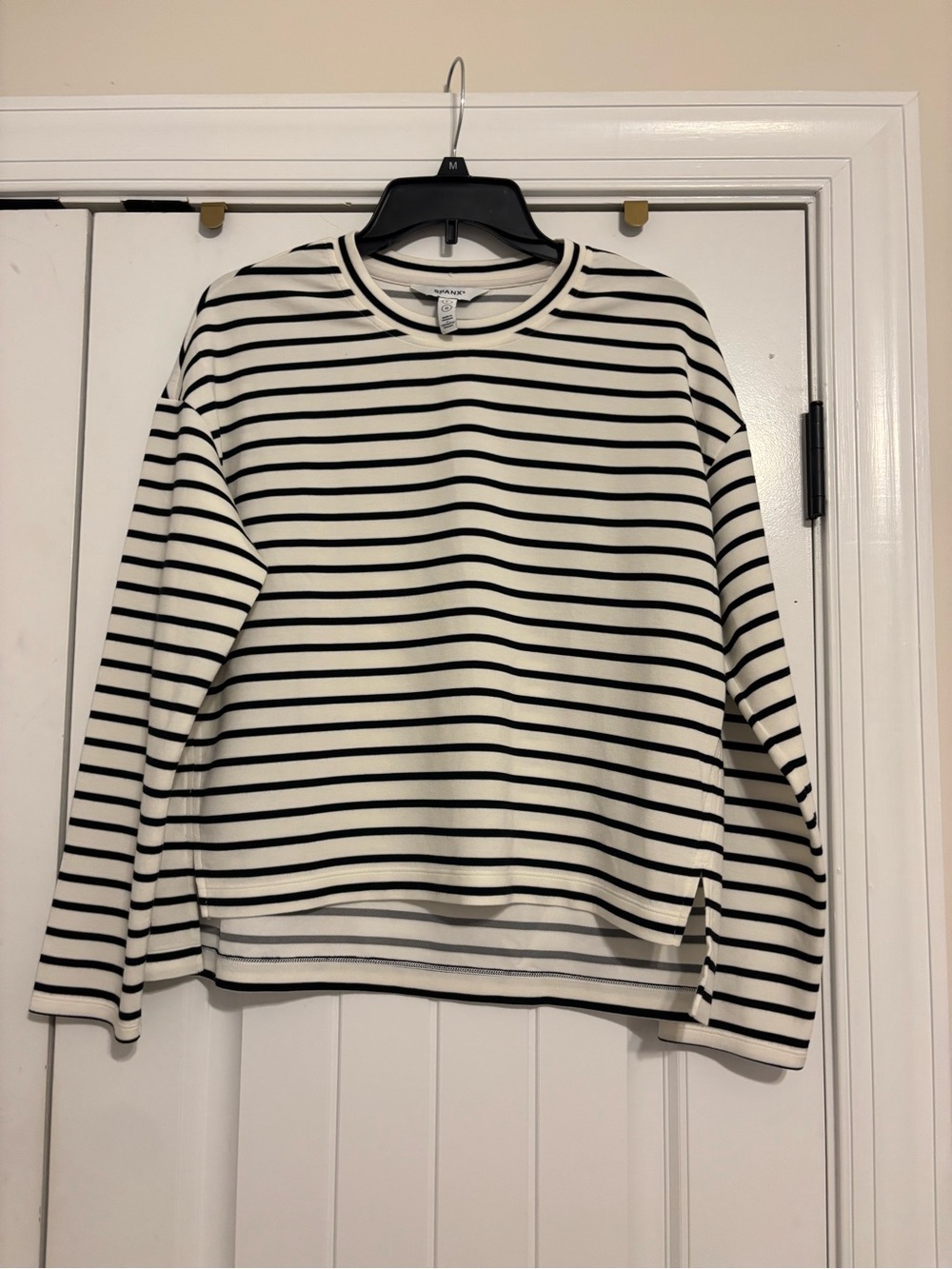 SPANX AirEssentials Striped Sweatshirt Pullover Cream Black Modal Size L